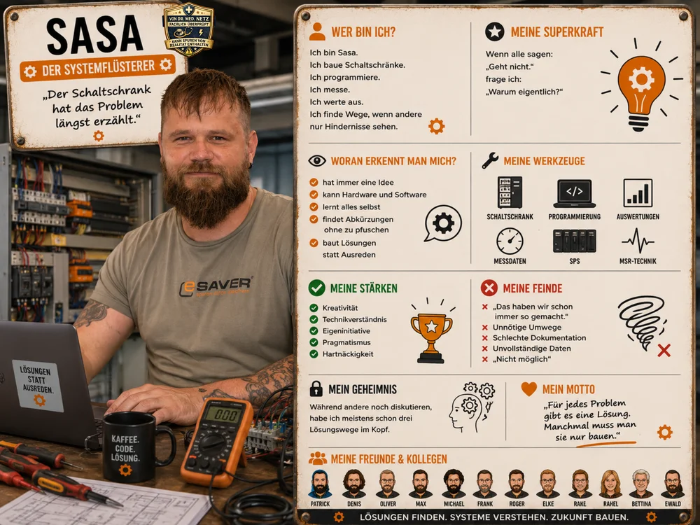 Steckbrief-Grafik von Sasa, „Der Systemflüsterer“, eSAVER-Mitarbeiter für Systemtechnik, am Schaltschrank mit Multimeter und Laptop, mit Rubriken Wer bin ich, Superkraft, Werkzeuge, Stärken, Feinde, Geheimnis, Motto und Freunde & Kollegen.