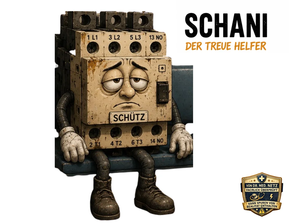 Beige-graue, quaderförmige Comicfigur eines Schaltschützes mit müde dreinblickenden Augen, buschigen Augenbrauen und der Aufschrift „SCHÜTZ“ auf der Brust sowie den Anschlussbezeichnungen „1 L1, 3 L2, 5 L3, 13 NO“ oben und „2 T1, 4 T2, 6 T3, 14 NO“ unten; daneben der Schriftzug „Schani – Der treue Helfer“.