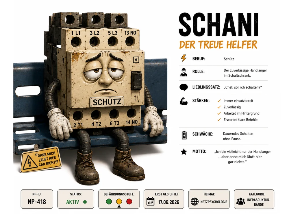 Infografik-Kurzsteckbrief zu Schütz-Schani mit Angaben zu Beruf, Rolle, Lieblingssatz, Stärken, Schwäche und Motto sowie Statusfeldern „NP-ID: NP-418“, „Status: Aktiv“, Gefährdungsstufe-Ampel, Erstgesichtet-Datum und Kategorie „Infrastruktur-Bande“; daneben die müde dreinblickende Schütz-Figur.