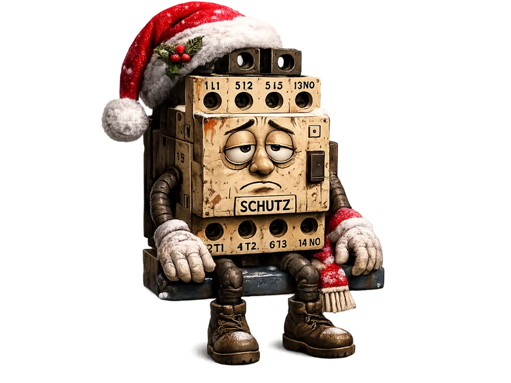 Beige-graue Schütz-Figur mit müdem Blick trägt eine Weihnachtsmütze mit Tannenzweig und hält einen kleinen Handbesen mit rot-weißem Griff in der Hand.