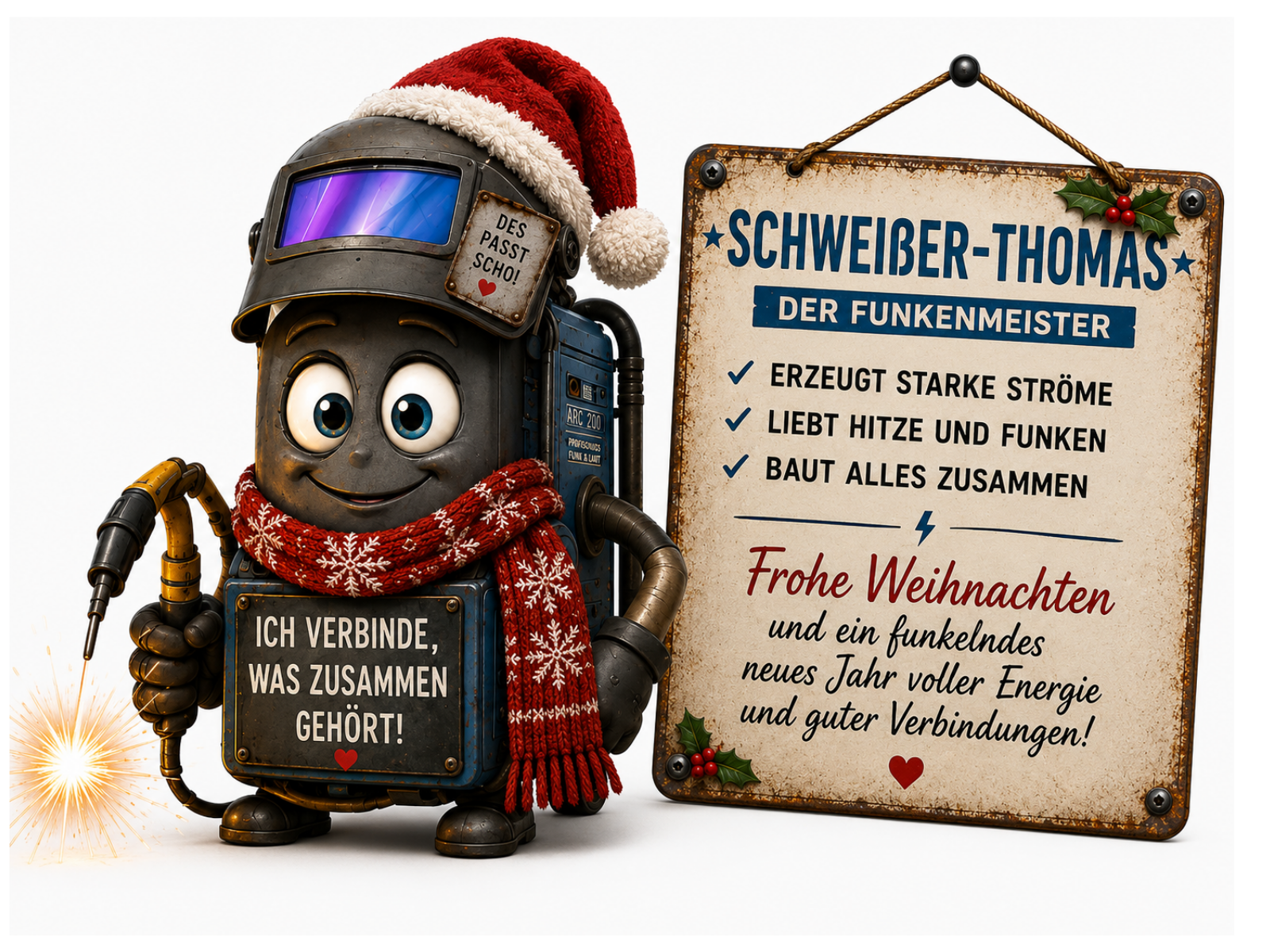 Comic-Roboterfigur Schweißer-Thomas mit dunklem Schweißhelm, dessen Sichtfenster in Lila- und Blautönen leuchtet, an der Helmseite ein Aufkleber "DES PASST SCHO!". Er trägt eine Weihnachtsmütze und einen roten Schal mit Schneeflockenmuster, hält einen Schweißbrenner mit sprühendem Funken, am Körper ein blaues Panel mit der Aufschrift "ICH VERBINDE, WAS ZUSAMMEN GEHÖRT!" und der Bezeichnung "ARC 200". Auf dem Schild daneben steht "SCHWEIßER-THOMAS Der Funkenmeister – ERZEUGT STARKE STRÖME, LIEBT HITZE UND FUNKEN, BAUT ALLES ZUSAMMEN" mit dem Weihnachtsgruß "Frohe Weihnachten und ein funkelndes neues Jahr voller Energie und guter Verbindungen!".