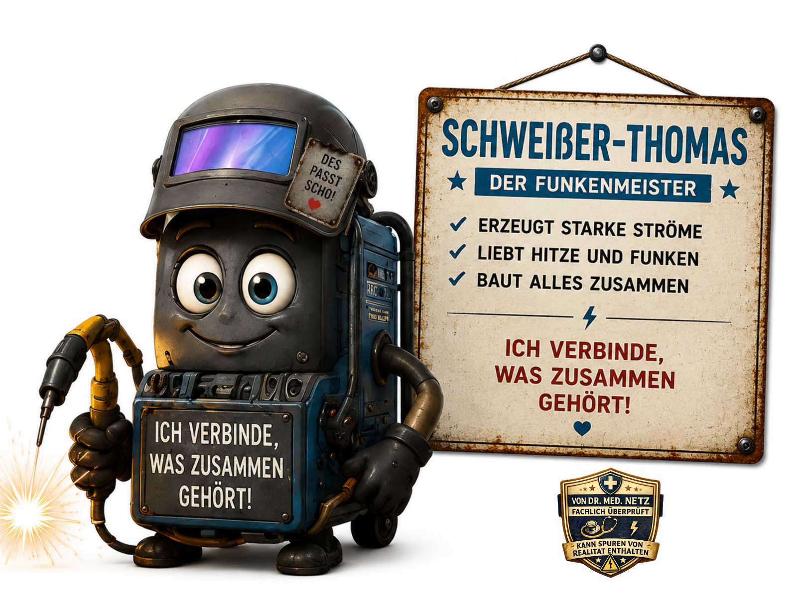 Comic-Roboterfigur Schweißer-Thomas mit dunklem Schweißhelm, dessen Sichtfenster in Lila- und Blautönen leuchtet, an der Helmseite ein Aufkleber "DES PASST SCHO!". Er hält einen Schweißbrenner mit sprühendem Funken, am Körper ein blaues Panel mit der Aufschrift "ICH VERBINDE, WAS ZUSAMMEN GEHÖRT!" und der Bezeichnung "ARC 200". Auf dem Schild daneben steht "SCHWEIßER-THOMAS Der Funkenmeister – ERZEUGT STARKE STRÖME, LIEBT HITZE UND FUNKEN, BAUT ALLES ZUSAMMEN" mit dem Leitspruch "Ich verbinde, was zusammen gehört!".