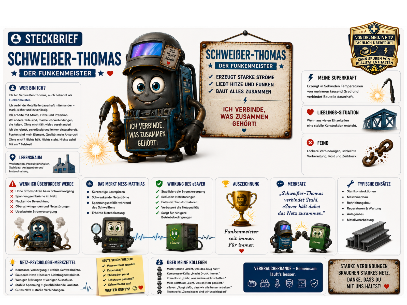 Steckbrief-Infografik zu Schweißer-Thomas: Links die Figur mit Schweißhelm, Schweißbrenner und Panel "ICH VERBINDE, WAS ZUSAMMEN GEHÖRT!". Rechts der Steckbrief mit Selbstbeschreibung, Superkraft (erzeugt in Sekunden Temperaturen von mehreren tausend Grad), Lieblingssituation, Lebensraum (Werkstätten, Produktionshallen, Stahlbau), Feind (lockere Verbindungen, Rost), Wirkung des eSaver, Auszeichnung, Merksatz und typischen Einsätzen wie Stahlkonstruktionen und Maschinenbau.