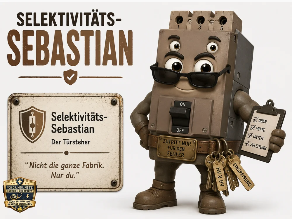 Braune, quaderförmige Comicfigur eines Leistungsschalters mit Sonnenbrille, Schlüsselbund am Gürtel mit der Aufschrift „Zutritt nur für den Fehler“ und einem Klemmbrett mit den Häkchen „Oben, Mitte, Unten, Zuleitung“ in der Hand; daneben ein Schild mit der Aufschrift „Selektivitäts-Sebastian – Der Türsteher“ und dem Zitat „Nicht die ganze Fabrik. Nur du.“