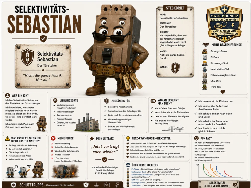 Infografik-Steckbrief zu Selektivitäts-Sebastian mit Textblöcken zu Wer bin ich, Lieblingsorten, Zuständigkeit, Erkennungsmerkmalen, was passiert wenn er nicht richtig arbeitet, Feinden, Leitsatz, Netz-Psychologie-Merkzettel, Fun Fact und Kollegen; im Zentrum die braune Sebastian-Figur mit Klemmbrett und Schlüsselbund.