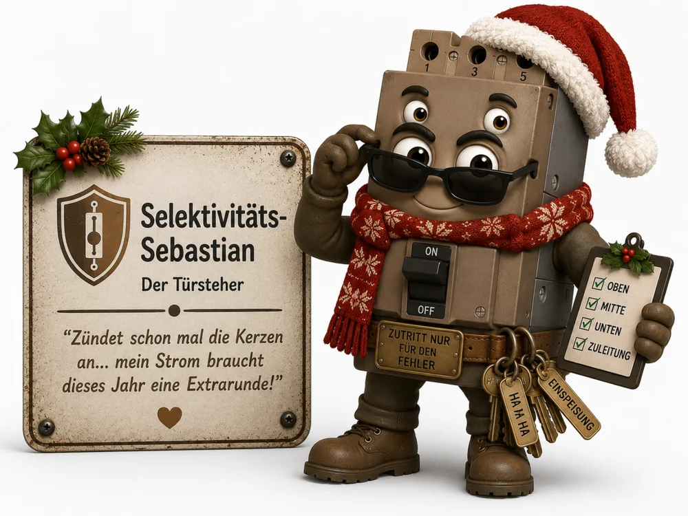 Braune Leistungsschalter-Figur mit Sonnenbrille, Weihnachtsmütze und rot-weißem Schneeflocken-Schal hält ein Klemmbrett mit Häkchen in der Hand vor einem weihnachtlich geschmückten Schild mit der Aufschrift „Selektivitäts-Sebastian – Der Türsteher“.