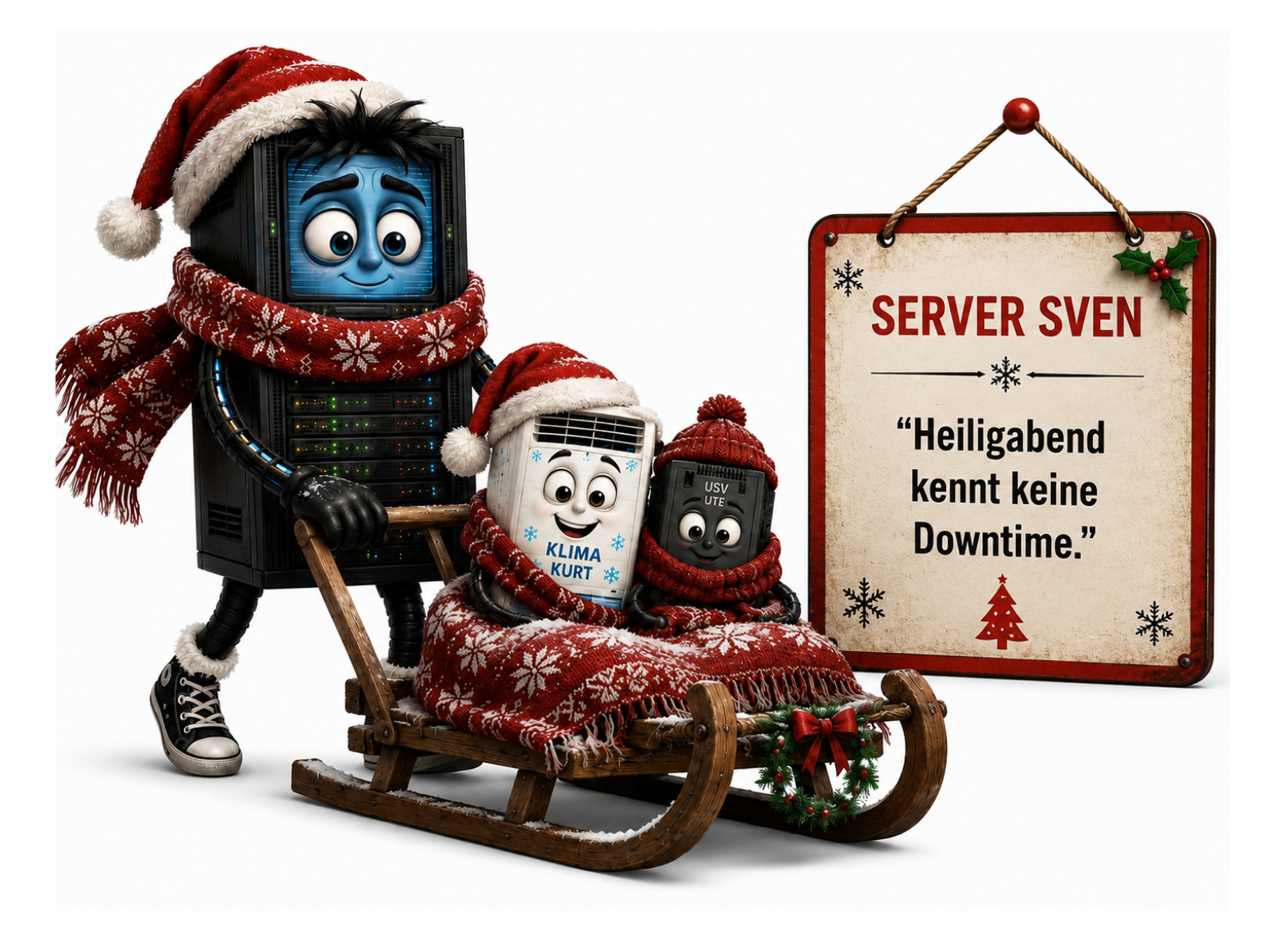 Weihnachtliche Szene mit Server-Sven, einem schwarzen Server-Turm mit müde blickendem blauen Gesicht und zerzausten dunklen Haaren, der einen kleinen Holzschlitten zieht. Er trägt eine Weihnachtsmütze und einen roten Schal, auf dem Schlitten sitzen eine Miniatur-Version von Klima-Kurt mit Zipfelmütze und eine kleine dunkle Figur von USV-Ute mit roter Mütze, beide in eine rote Decke mit Weihnachtskranz gehüllt. Auf dem Schild daneben steht "SERVER SVEN – „Heiligabend kennt keine Downtime.“".