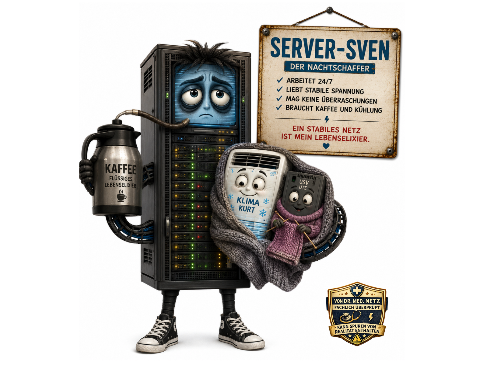 Comic-Figur Server-Sven, ein schwarzer Server-Turm mit müde blickendem blauen Gesicht, dunklen zerzausten Haaren und LED-Leisten am Gehäuse. Er trägt an einem Schlauch eine Thermoskanne mit der Aufschrift "KAFFEE – FLÜSSIGES LEBENSELIXIER" und hält behutsam zwei kleine Figuren, Klima-Kurt und USV-Ute, die in eine Decke gehüllt sind und strickt. Auf dem Schild daneben steht "SERVER-SVEN Der Nachtschaffer – ARBEITET 24/7, LIEBT STABILE SPANNUNG, MAG KEINE ÜBERRASCHUNGEN, BRAUCHT KAFFEE UND KÜHLUNG" mit dem Leitspruch "Ein stabiles Netz ist mein Lebenselixier.".