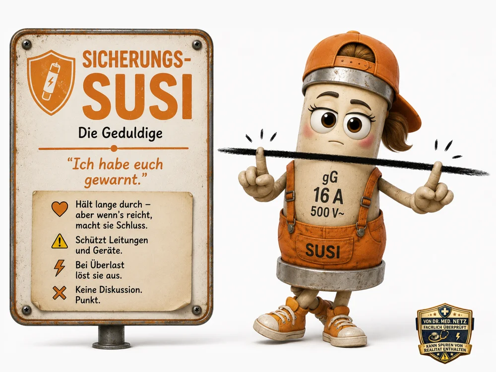 Beige-orangene, zylinderförmige Comicfigur mit Schirmmütze, Pferdeschwanz und orangener Latzhose mit der Aufschrift „SUSI“ hält mit beiden Zeigefingern einen schwarzen Streifen wie einen durchtrennten Draht vor dem Gesicht; auf dem Körper stehen die Angaben „gG 16 A 500V~“; daneben ein Schild mit der Aufschrift „Sicherungs-Susi – Die Geduldige“ und dem Zitat „Ich habe euch gewarnt.“