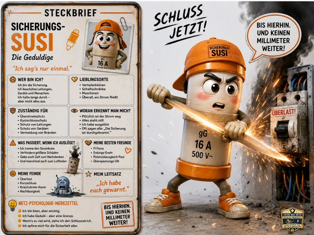 Infografik-Steckbrief zu Sicherungs-Susi mit Textblöcken zu Wer bin ich, Zuständigkeit, was passiert wenn sie auslöst, Lieblingsorten, Erkennungsmerkmalen, besten Freunden, Feinden, Leitsatz und Netz-Psychologie-Merkzettel; rechts eine Szene, in der Susi funkensprühend ein Kabel vor einem Schaltschrank mit der Aufschrift „ÜBERLAST!“ durchtrennt, mit den Sprechblasen „Schluss jetzt!“ und „Bis hierhin. Und keinen Millimeter weiter!“