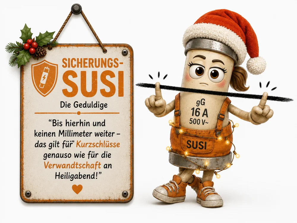 Beige-orangene Sicherungs-Figur mit Schirmmütze, Weihnachtsmütze und Lichterkette um die Latzhose hält mit beiden Zeigefingern einen schwarzen Draht vor dem Gesicht, daneben ein weihnachtlich geschmücktes Schild mit der Aufschrift „Sicherungs-Susi – Die Geduldige“.