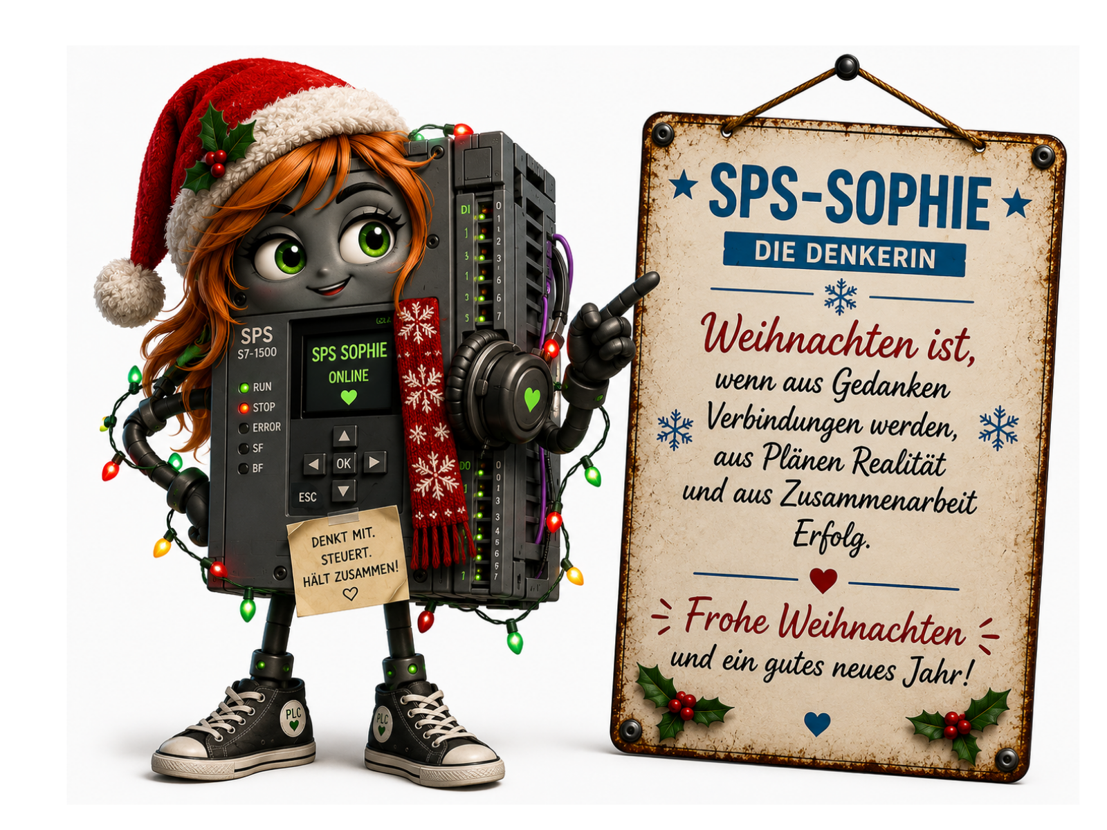 Comic-Figur SPS-Sophie, eine speicherprogrammierbare Steuerung mit orangefarbenen Haaren, grünen Augen und einem Display mit dem Text "SPS SOPHIE ONLINE" und grünem Herz. Sie trägt eine Weihnachtsmütze mit Mistelzweig und einen roten Schal mit Schneeflockenmuster, ist mit einer Lichterkette geschmückt, trägt kopfhörerartige Anschlüsse und schwarze Sneaker mit einem "PLC"-Herz-Patch, an ihr hängt ein Zettel "DENKT MIT. STEUERT. HÄLT ZUSAMMEN!". Auf dem Schild daneben steht "SPS-SOPHIE Die Denkerin – Weihnachten ist, wenn aus Gedanken Verbindungen werden, aus Plänen Realität und aus Zusammenarbeit Erfolg. Frohe Weihnachten und ein gutes neues Jahr!".