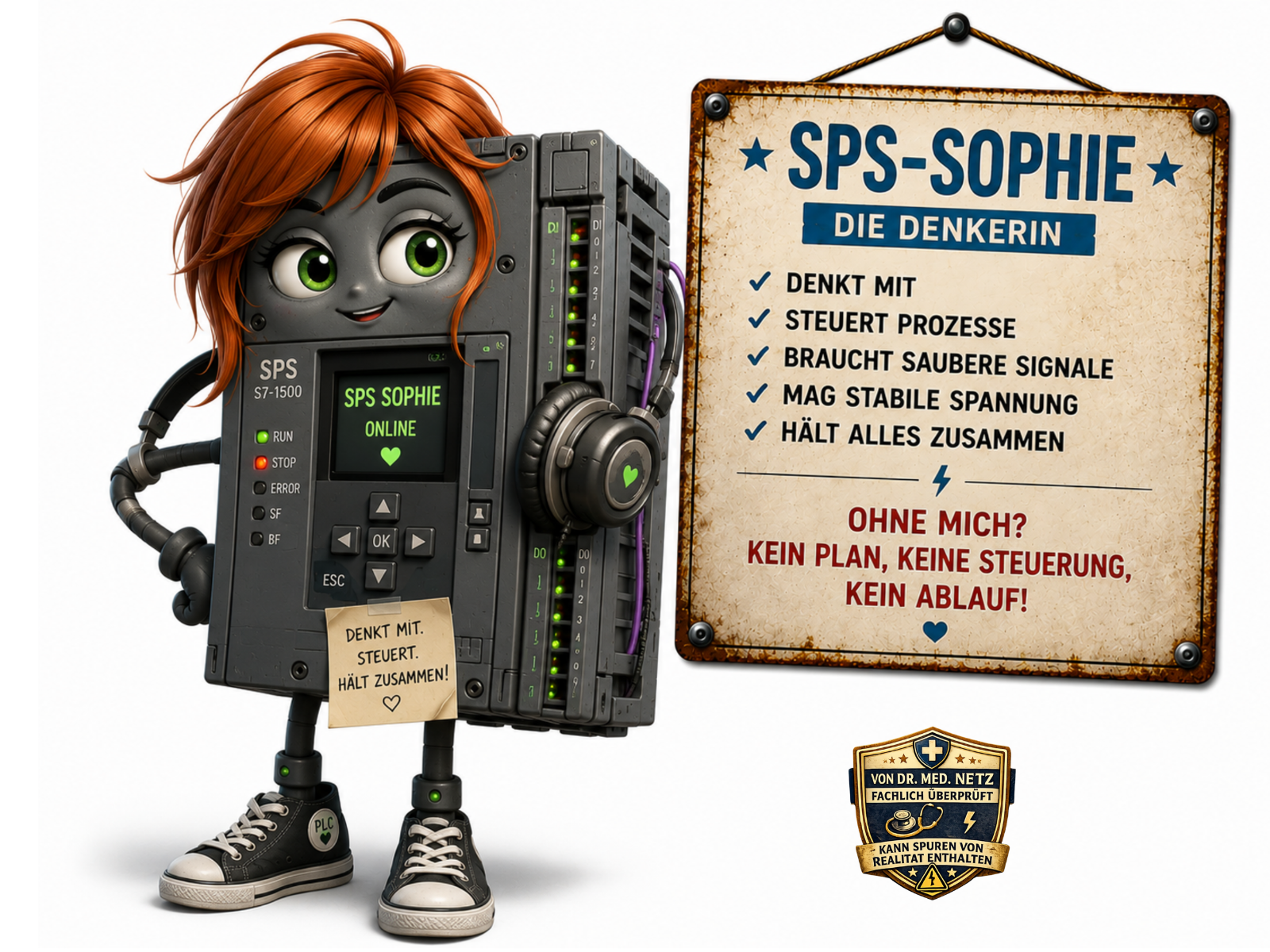 Comic-Figur SPS-Sophie, eine speicherprogrammierbare Steuerung mit orangefarbenen Haaren, grünen Augen und einem Display mit dem Text "SPS SOPHIE ONLINE" und grünem Herz, dazu ein I/O-Anschlussmodul mit Statusleuchten. Sie trägt kopfhörerartige Anschlüsse und schwarze Sneaker mit "PLC"-Herz-Patch, an ihr hängt ein Zettel "DENKT MIT. STEUERT. HÄLT ZUSAMMEN!". Auf dem Schild daneben stehen die Eigenschaften "DENKT MIT", "STEUERT PROZESSE", "BRAUCHT SAUBERE SIGNALE", "MAG STABILE SPANNUNG", "HÄLT ALLES ZUSAMMEN" und der Spruch "Ohne mich? Kein Plan, keine Steuerung, kein Ablauf!".