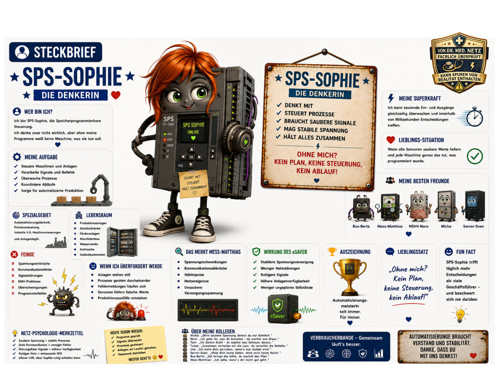 Steckbrief-Infografik zu SPS-Sophie: Links die Figur mit orangefarbenen Haaren, Display "SPS SOPHIE ONLINE" und I/O-Modul. Rechts der Steckbrief mit Selbstbeschreibung, Aufgabe (Steuerung von Maschinen und Anlagen, Verarbeitung von Signalen und Befehlen), Spezialgebiet (Automatisierungstechnik, Prozesssteuerung, Industrie 4.0), Lebensraum, Feinden wie Spannungseinbrüchen und Kommunikationsfehlern, Freundesliste (u. a. Bus-Berta, Mess-Matthias, NSHV-Nora, Server-Sven) und Fun Fact zu täglichen Entscheidungen.