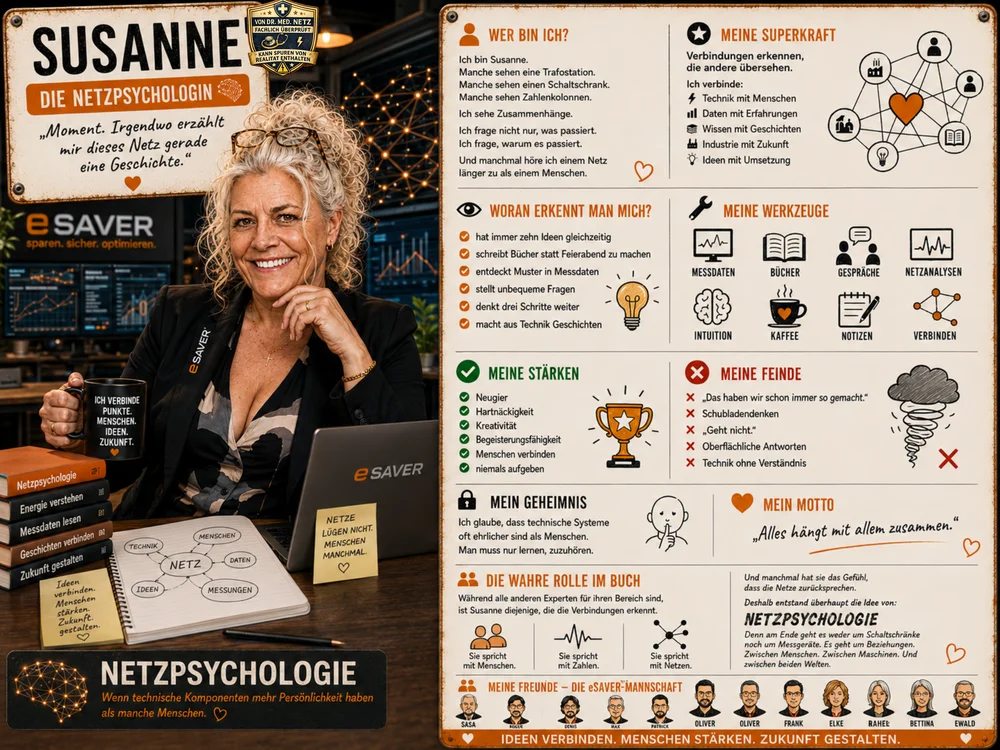Susanne, hier als „Die Netzpsychologin“ vorgestellt, die Zusammenhänge zwischen Technik, Daten und Menschen erkennt, mit Rubriken Wer bin ich, Superkraft, Werkzeuge, Stärken, Feinde, Geheimnis, Motto, „Die wahre Rolle im Buch“ und Freunde – die eSAVER-Mannschaft.