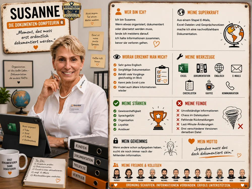 Steckbrief-Grafik von Susanne, „Die Dokumenten-Dompteurin“, eSAVER-Mitarbeiterin für Dokumentation, am Schreibtisch mit Tablet und beschrifteten Ordnern für Kunden, Dokumentation und Projekte, mit Rubriken Wer bin ich, Superkraft, Werkzeuge, Stärken, Feinde, Geheimnis, Motto und Freunde & Kollegen.
