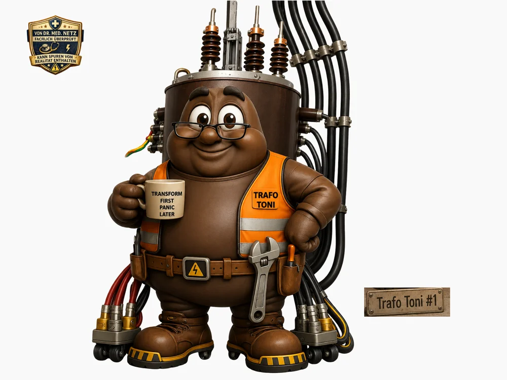Freigestellte Comicfigur eines braunen Verteiltransformators mit Brille, orange-grauer Warnweste „TRAFO TONI“, Isolatoren und Anschlussstutzen auf dem Kopf, Kaffeetasse „Transform first. Panic later.“ in der Hand; seitlich ein Schild mit der Aufschrift „Trafo Toni #1“.