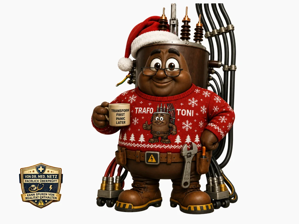 Comicfigur des braunen Verteiltransformators mit Brille, Weihnachtsmütze und rotem Strickpullover mit Schneeflocken-Muster, Tannenbäumen und der Aufschrift „Trafo Toni“ sowie einem kleinen Toni-Maskottchen-Motiv, hält eine Kaffeetasse mit der Aufschrift „Transform first. Panic later.“
