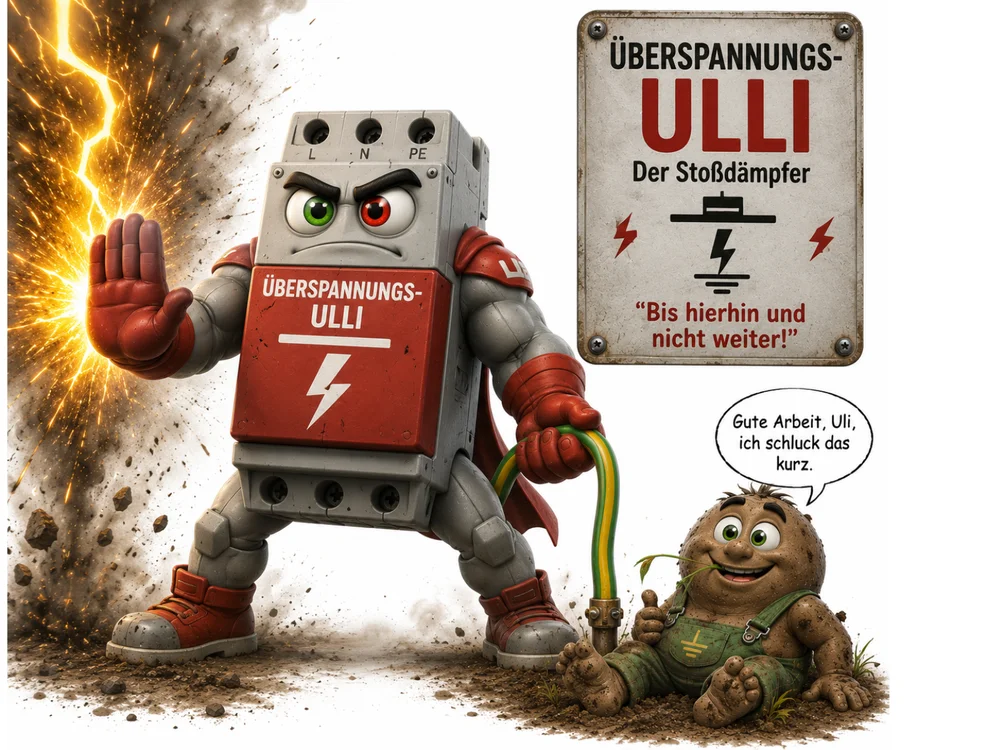 Rot-graue Roboterfigur mit wütendem Gesichtsausdruck, grünem und rotem Auge, rotem Umhang und der Aufschrift „ÜBERSPANNUNGS-ULLI“ auf der Brust hält abwehrend eine Hand gegen einen einschlagenden gelben Blitz, während die andere Hand ein grün-gelbes Erdungskabel zu der am Boden liegenden Erdungs-Erwin-Figur führt; Sprechblase „Gute Arbeit, Uli, ich schluck das kurz.“; daneben ein Schild mit der Aufschrift „Überspannungs-Ulli – Der Stoßdämpfer“ und dem Zitat „Bis hierhin und nicht weiter!“
