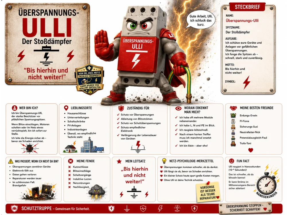 Infografik-Steckbrief zu Überspannungs-Ulli mit Textblöcken zu Wer bin ich, Lieblingsorten, Zuständigkeit, Erkennungsmerkmalen, besten Freunden, was passiert wenn er nicht da ist, Feinden, Leitsatz, Netz-Psychologie-Merkzettel und Fun Fact; im Zentrum die rot-graue Ulli-Figur, die einen Blitz abwehrt.