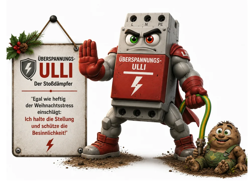 Rot-graue Ulli-Figur mit grünem und rotem Auge und rotem Umhang hält abwehrend eine Hand hoch, neben einem weihnachtlich geschmückten Schild mit der Aufschrift „Überspannungs-Ulli – Der Stoßdämpfer“ und dem Zitat „Egal wie heftig der Weihnachtsstress einschlägt: Ich halte die Stellung und schütze die Besinnlichkeit!“