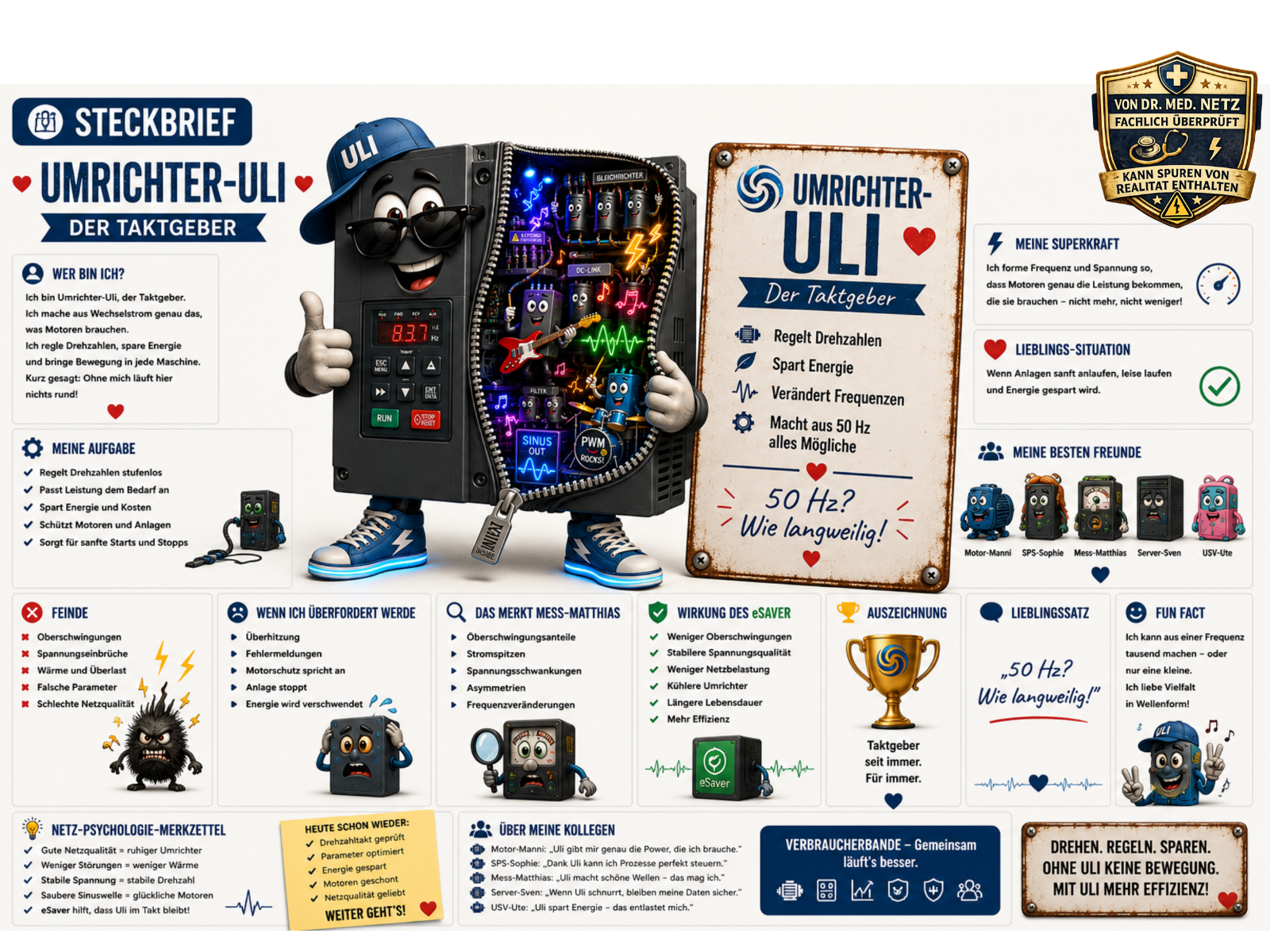 Steckbrief-Infografik zu Umrichter-Uli: Links die Figur mit geöffnetem Reißverschluss, bunten Bauteil-Bandmitgliedern und Display "83.7 Hz". Rechts der Steckbrief mit Selbstbeschreibung, Aufgabe (stufenlose Drehzahlregelung, bedarfsgerechte Leistungsanpassung, Energie- und Kostenersparnis), Feinden wie Oberschwingungen und Spannungseinbrüchen, Verhalten bei Überforderung, Wirkung des eSaver, Freundesliste (u. a. Motor-Manni, SPS-Sophie, Mess-Matthias, Server-Sven, USV-Ute) und Fun Fact zur Frequenzvielfalt.
