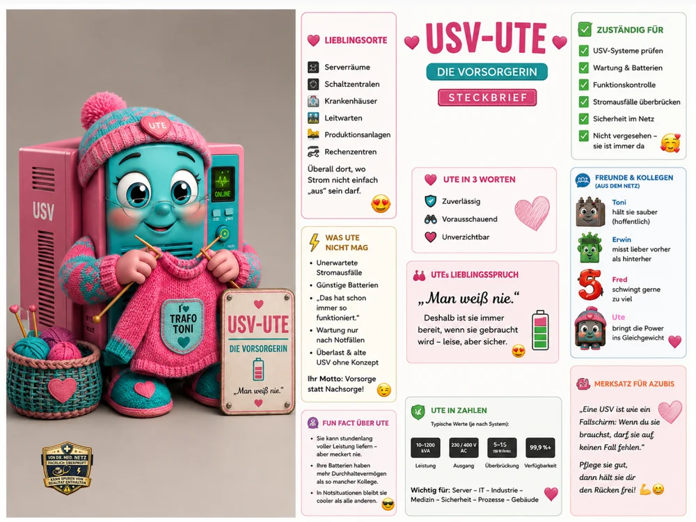 Infografik-Steckbrief zu USV-Ute mit Textblöcken zu Lieblingsorten, Zuständigkeit, was Ute nicht mag, USV-Ute in drei Worten, Lieblingsspruch, Freunden und Kollegen, USV-Ute in Zahlen, Fun Facts und einem Merksatz für Azubis; links die türkis-pinke USV-Figur mit Strickmütze beim Stricken eines Pullovers.