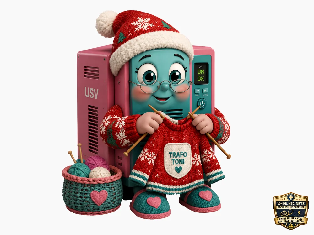 Comicfigur einer pinkfarbenen USV-Anlage mit türkisem, bebrilltem Gesicht und rot-weißer Strickmütze mit Schneeflocken-Muster und Bommel strickt mit zwei Holznadeln an einem roten Pullover mit der Aufschrift „Trafo Toni“; daneben ein Korb mit Wollknäueln