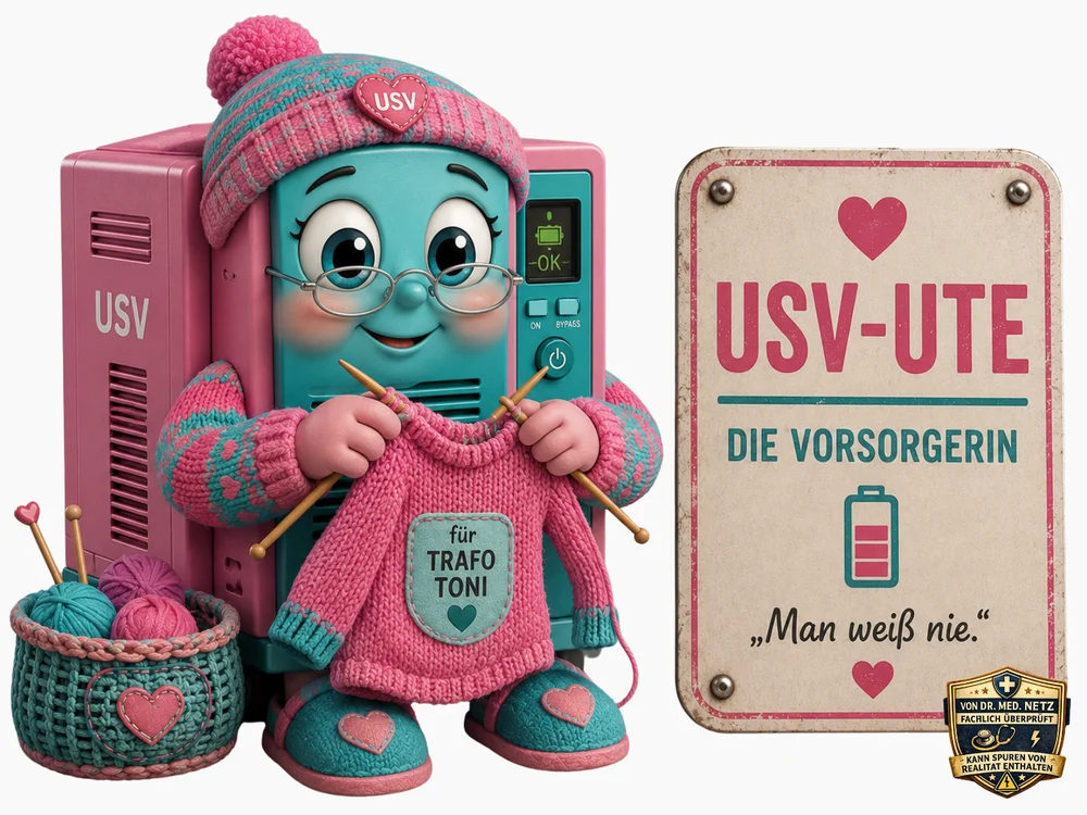 Comicfigur einer pinkfarbenen USV-Anlage mit türkisem, bebrilltem Gesicht, rosa-türkiser Strickmütze ; daneben ein Korb mit Wollknäueln; auf dem Gehäuse ist die Aufschrift „USV“ sowie ein Display mit „ON/OK“ zu erkennen. Ute strickt mit zwei Holznadeln an einem roten Pullover mit der Aufschrift „für Trafo Toni“ daneben steht ein Schild mit der Aufschrift „USV-Ute – Die Vorsorgerin“ und dem Zitat „Man weiß nie.“