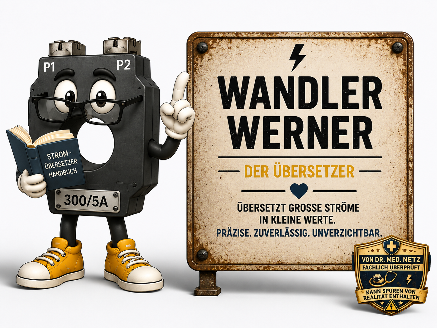 Comic-Figur Wandler-Werner, ein schwarzer ringförmiger Stromwandler mit zwei Anschlussklemmen oben, beschriftet mit "P1" und "P2", und einer Brille im Gesicht. Er hält ein aufgeschlagenes Buch mit der Aufschrift "STROM-ÜBERSETZER HANDBUCH", auf dem Körper ein Typenschild "300/5A", dazu gelbe Sneaker, der Zeigefinger ist professoral erhoben. Auf dem Schild daneben steht "WANDLER WERNER Der Übersetzer – Übersetzt große Ströme in kleine Werte. Präzise. Zuverlässig. Unverzichtbar.".