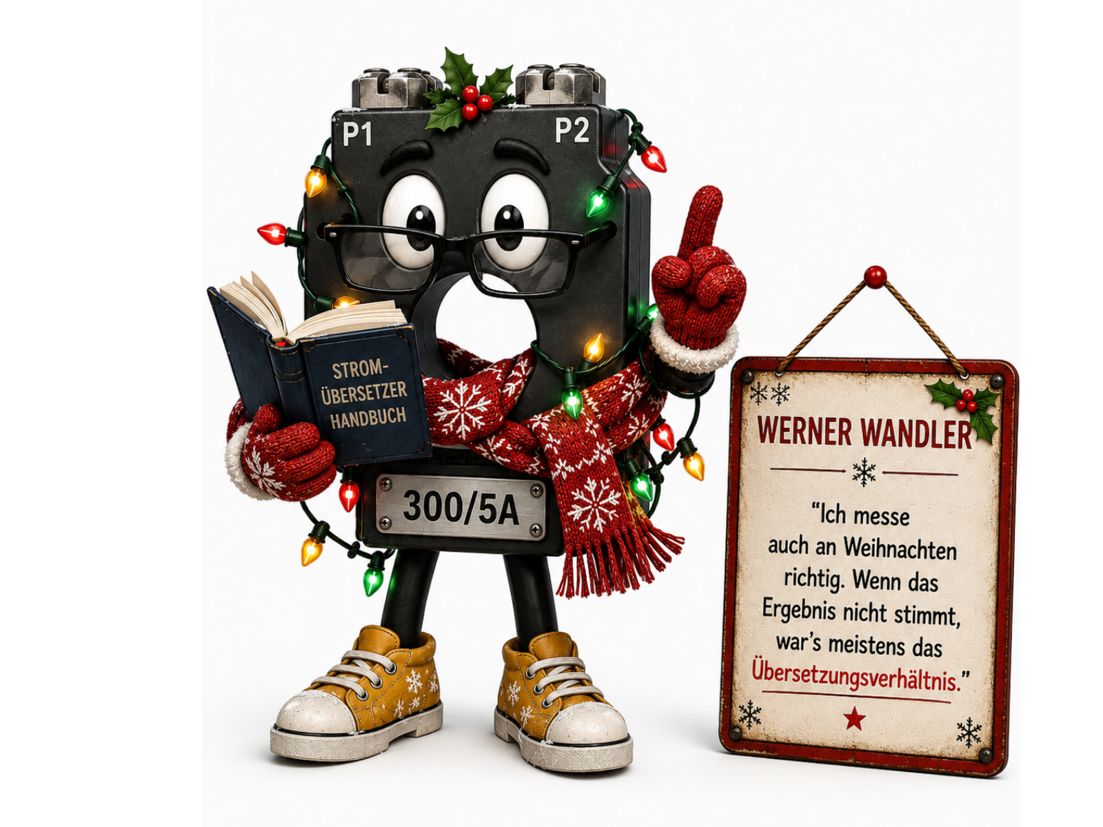 Comic-Figur Wandler-Werner, ein schwarzer ringförmiger Stromwandler mit zwei Anschlussklemmen oben ("P1", "P2") und Brille, weihnachtlich geschmückt mit einem Mistelzweig zwischen den Klemmen, einer Lichterkette, roten Fäustlingen und einem roten Schal. Er hält das Buch "STROM-ÜBERSETZER HANDBUCH", auf dem Körper das Typenschild "300/5A". Auf dem Schild daneben steht der Name "WERNER WANDLER" mit dem Zitat "Ich messe auch an Weihnachten richtig. Wenn das Ergebnis nicht stimmt, war es meistens das Übersetzungsverhältnis.".