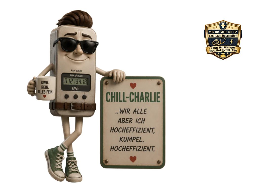Beige-graue, zylinderförmige Comicfigur eines Energiezählers mit Sonnenbrille, toupierter brauner Frisur und grünen Turnschuhen hält eine Kaffeetasse mit der Aufschrift „kWh. Rein. Alles fein.“ in der Hand; auf dem Display steht „01273.18 kWh“; daneben ein Schild mit der Aufschrift „Chill-Charlie“ und dem Text „…wir alle, aber ich hocheffizient, Kumpel. Hocheffizient.“