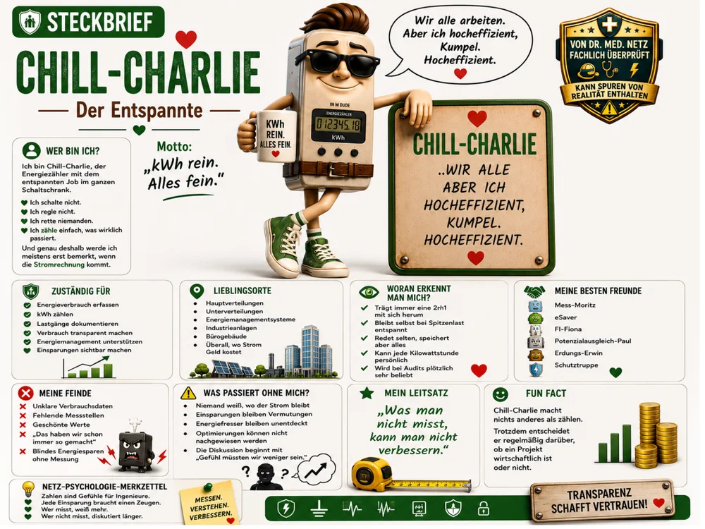 Infografik-Steckbrief zu Chill-Charlie mit Textblöcken zu Wer bin ich, Motto, Zuständigkeit, Lieblingsorten, Erkennungsmerkmalen, besten Freunden, Feinden, was passiert ohne ihn, Leitsatz, Netz-Psychologie-Merkzettel und Fun Fact; im Zentrum die entspannte Charlie-Figur mit Kaffeetasse.