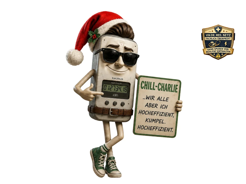 Beige-graue Energiezähler-Figur mit Sonnenbrille, Weihnachtsmütze und der Kaffeetasse „kWh. Rein. Alles fein.“ zeigt lächelnd mit dem Finger auf das Display mit dem Wert „01273.18 kWh“, daneben das Schild „Chill-Charlie“.