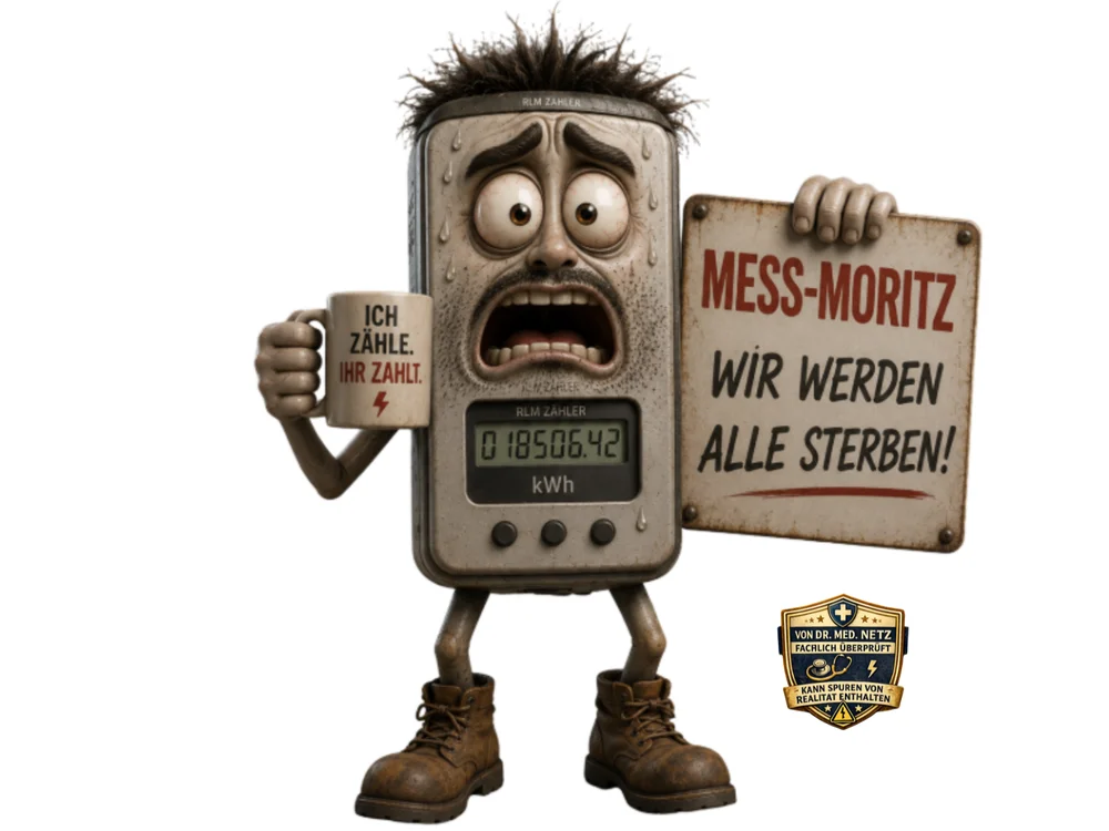Beige-graue, zylinderförmige Comicfigur eines Energiezählers mit zerzausten Haaren, panischem Gesichtsausdruck und Schweißtropfen hält eine Kaffeetasse mit der Aufschrift „Ich zähle. Ihr zahlt.“ in der einen Hand und ein Schild mit der Aufschrift „Mess-Moritz – Wir werden alle sterben!“ in der anderen; auf dem Display steht „018506.42 kWh“.