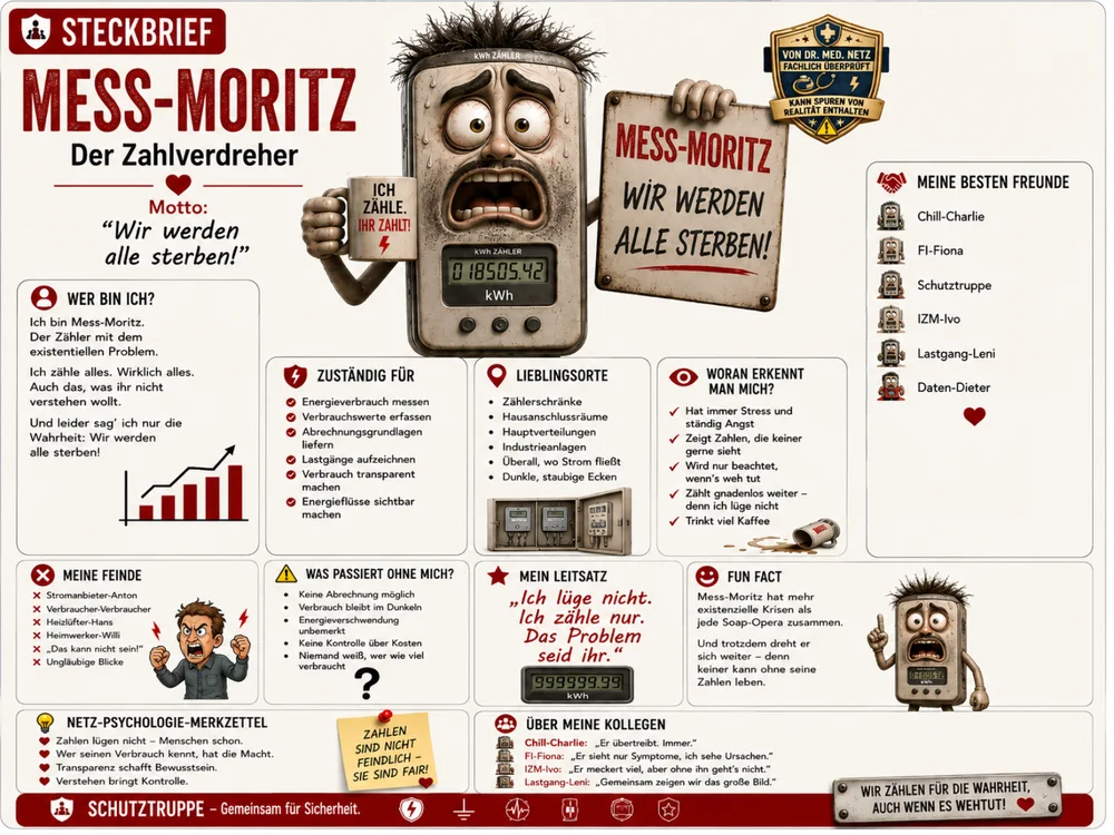 Infografik-Steckbrief zu Mess-Moritz mit Textblöcken zu Wer bin ich, Zuständigkeit, Lieblingsorten, Erkennungsmerkmalen, Feinden, was passiert ohne ihn, Leitsatz, Netz-Psychologie-Merkzettel, Fun Fact und Kollegen; im Zentrum die panische Moritz-Figur mit Kaffeetasse und Warnschild.