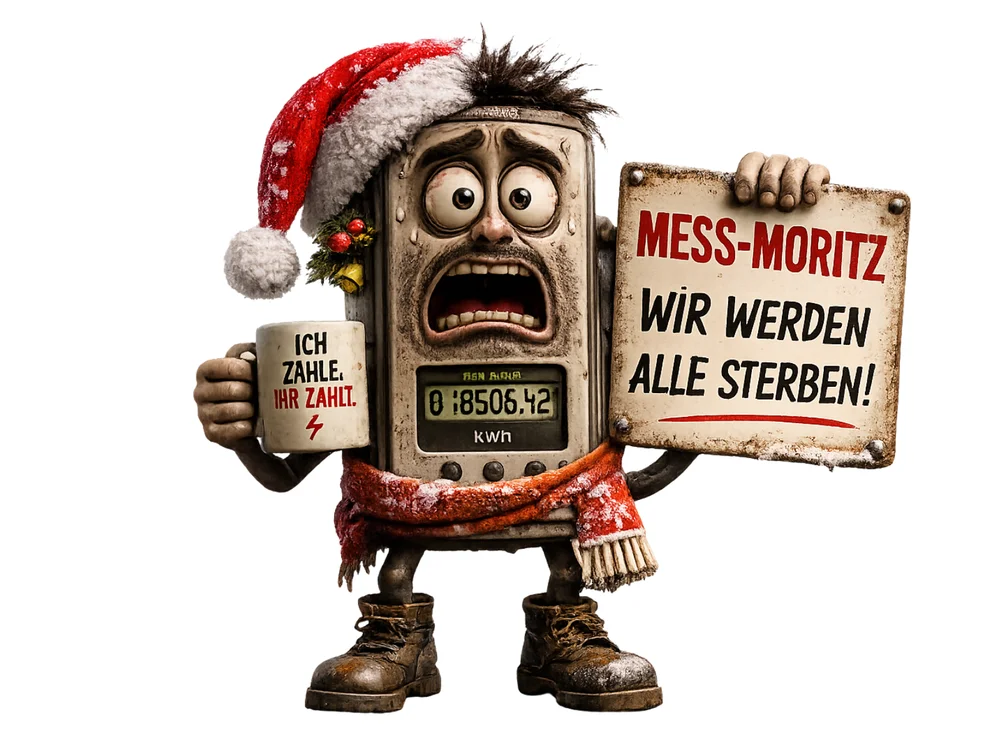 Beige-graue Energiezähler-Figur mit zerzausten Haaren, panischem Gesichtsausdruck, Weihnachtsmütze und rot-weißem Schal hält eine Kaffeetasse mit der Aufschrift „Ich zähle. Ihr zahlt.“ und ein Schild mit der Aufschrift „Mess-Moritz – Wir werden alle sterben!“