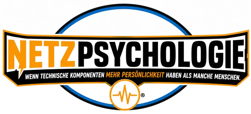 Logo Netzpsychologie® mit dem Slogan „Wenn technische Komponenten mehr Persönlichkeit haben als manche Menschen.“ in Orange und Schwarz vor einem blauen Kreis mit orangem Herzschlag-Symbol