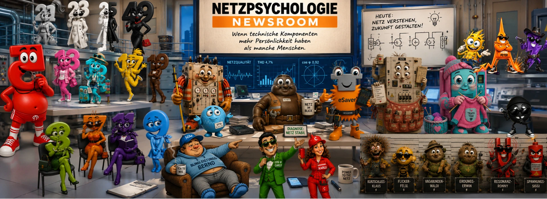 Comic-Illustration Netzpsychologie Newsroom mit eSaver Charakteren wie Dr. Netz, Trafo Toni und Blindleistungs-Bernd vor Bildschirmen mit Netzqualität-Werten THD und cos phi